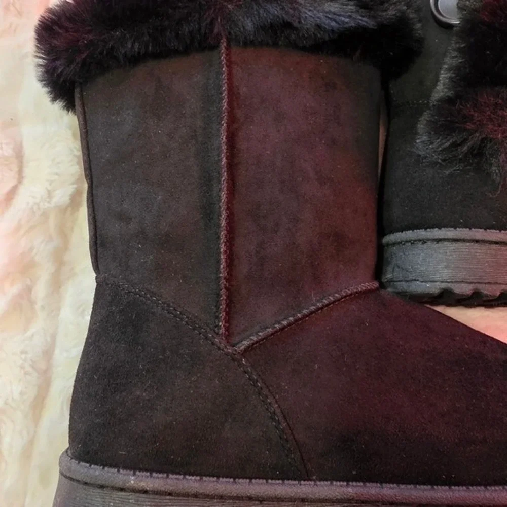 Black Faux Suede Mid-Calf Winter Boots with Faux Fur Trim and Button Detail Cozy